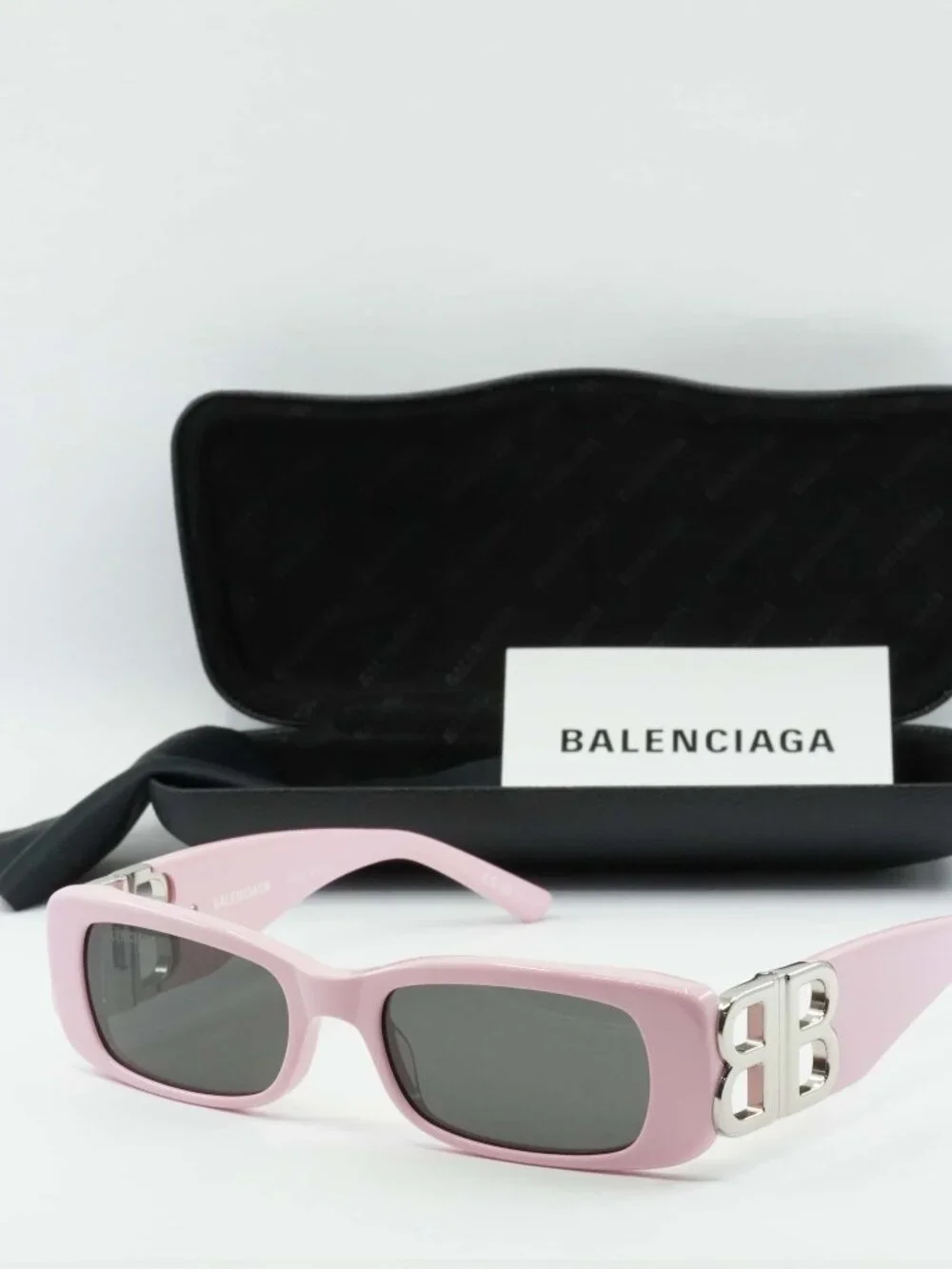 Balenciaga BB0096S 012 Rectangle Sunglasses - Pink / Grey